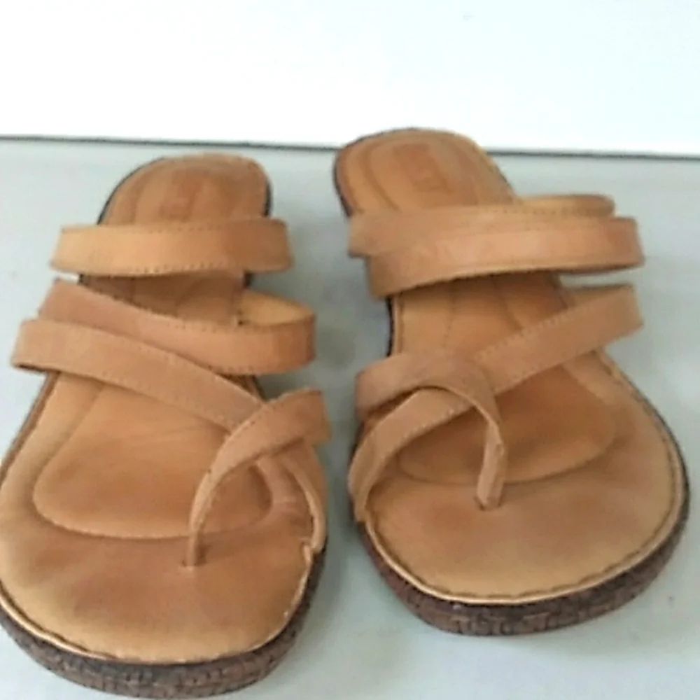 Tan Strappy Comfort‎ Sandals with Cork Sole Summer Casual Flat Slides